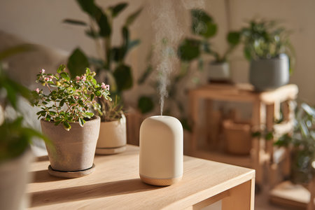 In a calm indoor setting, a diffuser releases a gentle mist into the warm morning light. Surrounding the diffuser are vibrant green plants, creating a peaceful atmosphere.の素材