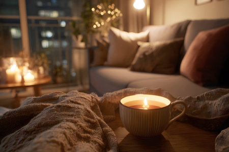 A warm cup of tea sits on a wooden table next to a glowing candle. A thick blanket and soft cushions create a cozy atmosphere in a softly lit living room.の素材