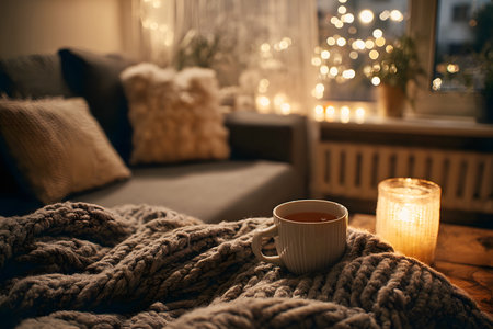 A warm cup of tea sits on a wooden table next to a glowing candle. A thick blanket and soft cushions create a cozy atmosphere in a softly lit living room.の素材