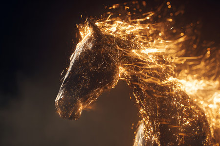 A stunning horse with a mane that appears to be made of fire stands proudly against a dark background. The scene captures a moment of beauty and power, showcasing artistry and creativity.の素材