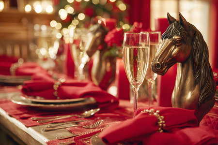 Guests can enjoy a beautifully arranged dining table featuring red flowers and chic glassware. The warm afternoon sun enhances the inviting atmosphere, perfect for gatherings.の素材