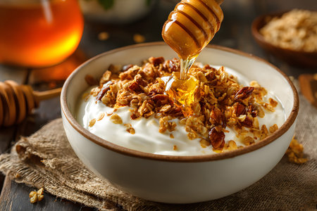 A bowl of creamy yogurt is filled with crunchy granola, with honey being drizzled on top. The rustic wooden table adds a cozy setting, perfect for breakfast or a snack.の素材