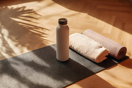 A blue yoga mat lies flat in a well-lit space. A rolled gray towel rests beside a white water bottle, creating an inviting atmosphere for morning exercise or relaxation.の素材