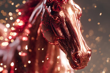 A striking sculpture of a horse made from copper wire shines brilliantly amid soft, sparkling lights. The artwork features intricate details and captures the essence of movement.の素材