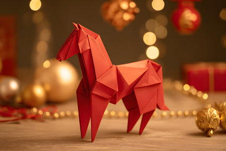 A red origami horse stands prominently on a table surrounded by golden ornaments and sparkling lights, capturing the festive spirit of the holiday season.の素材