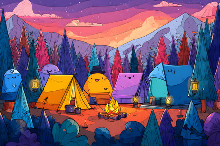 Campers gather around a cozy fire under a colorful sunset in a lively forestの素材