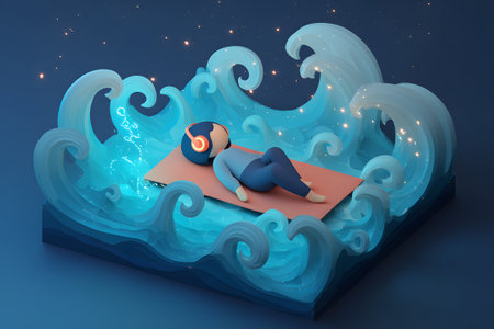 Relaxing on a mat as waves of calm surround a person wearing headphones at nightの素材