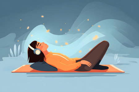 Person relaxing on a mat with headphones, enjoying music in a serene settingの素材