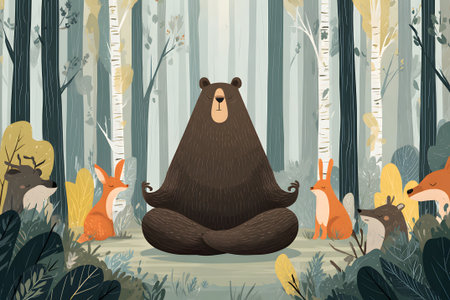 Calm bear meditating among woodland animals in a serene forest settingの素材