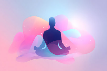 Meditation practice in serene, colorful abstract background during calm moments of reflectionの素材