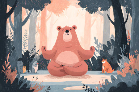Brown bear meditates peacefully in a serene forest surrounded by curious animals during a bright morningの素材