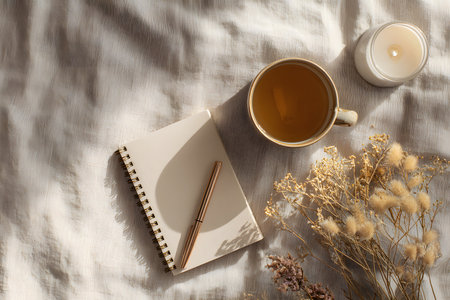 A warm scene featuring a soft blanket with a notebook, pen, a bowl of tea, and a small arrangement of dried flowers. Perfect for quiet moments or reflection.の素材