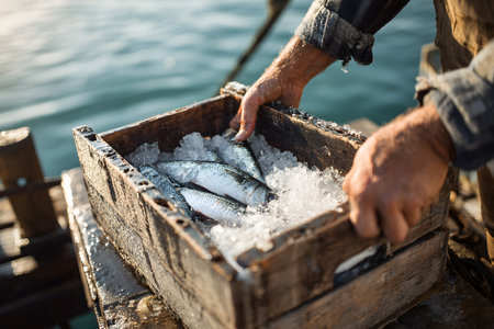 Fisherman sorts freshly caught fish on a wooden boat, surrounded by ice. The sun shines over the calm sea, creating a lively atmosphere for the day's catch.の素材
