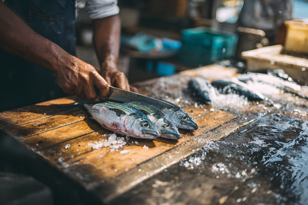 A fishmonger carefully fills a fresh skilled fish on a wooden table covered in ice at a bustling market in the morning. Customers nearby observe the precise technique.の素材