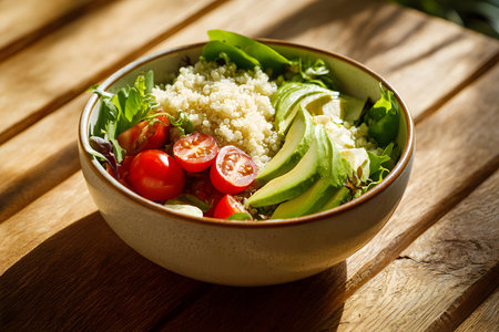 A colorful salad features fresh spinach, ripe tomatoes, and creamy avocado slices combined with fluffy quinoa. This healthy dish is set on a sunlit wooden table.の素材