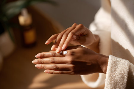 A person applies lotion to their hands in a warm, inviting bath environment. Sunlight streams in, highlighting their skincare routine and care for skin.の素材