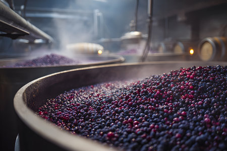 Large fermentation tanks filled with dark grapes are set in a winery. Steam rises in the early morning light, creating a serene atmosphere as winemakers prepare for the day.の素材