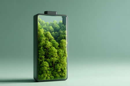 A transparent battery showcases a vibrant green forest inside, symbolizing the connection between energy and nature. This scene highlights the importance of sustainability and eco-friendly practices.の素材