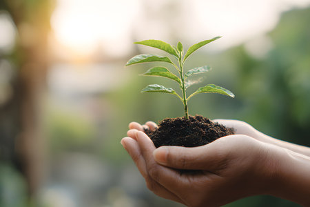 A pair of hands carefully supports a small green plant emerging from rich soil, showing a connection to nature and the act of nurturing new growth in a bright environment.の素材