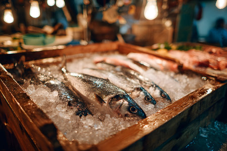 Fresh striped fish rest on a bed of ice in a wooden crate at a seafood market. The setting is busy, highlighting local food culture and evening activity.の素材