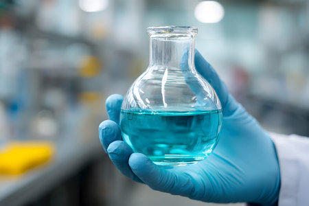 A person in a white lab coat wears gloves while carefully holding a flask filled with bright yellow liquid. The setting is a contemporary laboratory with soft lighting.の素材