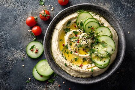 A bowl of smooth hummus is garnished with sliced cucumbers, cherry tomatoes, and fresh herbs. Olive oil and spices add flavor and visual appeal, creating a vibrant dish.の素材