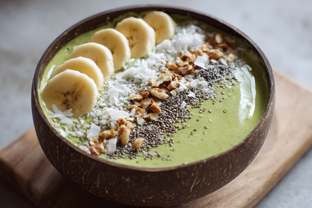 A vibrant green smoothie bowl is served in a coconut shell, topped with banana slices, granola, chia seeds, and shredded coconut on a rustic wooden table.の素材