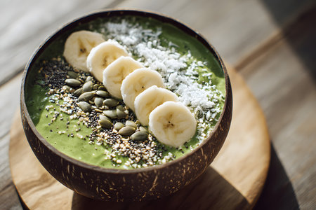 A vibrant green smoothie bowl is served in a coconut shell, topped with banana slices, granola, chia seeds, and shredded coconut on a rustic wooden table.の素材