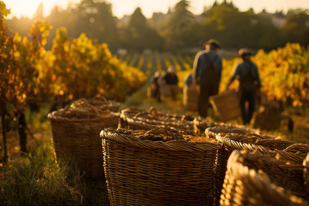 Workers grape gathers in a sunlit vineyard, surrounded by lush vines. Baskets rest on the ground as the golden light of evening sets a warm scene.の素材