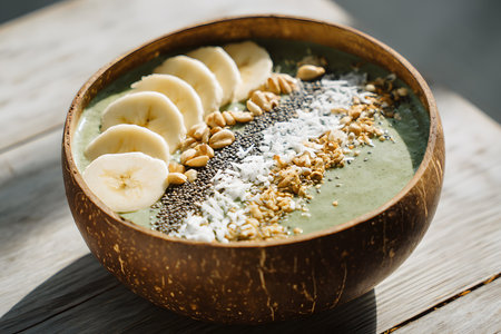 A vibrant green smoothie bowl is served in a coconut shell, topped with banana slices, granola, chia seeds, and shredded coconut on a rustic wooden table.の素材