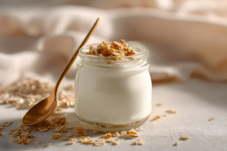 Layers of creamy yogurt and crunchy granola fill a glass jar, placed on a rustic wooden board. The warm lighting enhances the appetizing look of this healthy treat.の素材