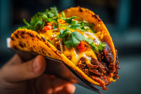Tasty taco loaded with beef, cheese, and fresh toppings held in hand at a busy street vendorの素材