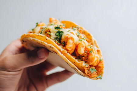 Delicious shrimp taco with melted cheese and fresh toppings held in handの素材