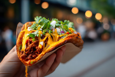 Tasty taco filled with seasoned meat, cheese, and fresh toppings in a lively outdoor settingの素材