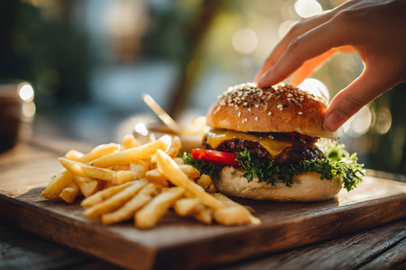 Delicious burger with fries served on a wooden tray in bright outdoor settingの素材