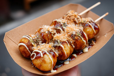 Delicious takoyaki served in a paper tray at a street food market in Japan during the afternoonの素材