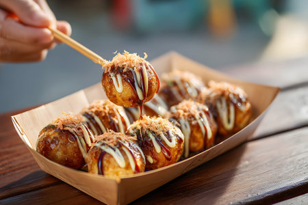 Delicious takoyaki served on a wooden tray at a bustling street food market in the afternoon sunの素材