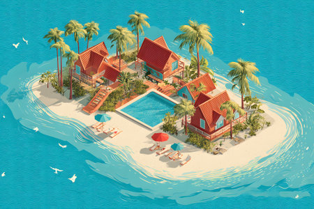 Tropical island resort with cozy bungalows and a blue swimming pool among palm trees on a sunny dayの素材