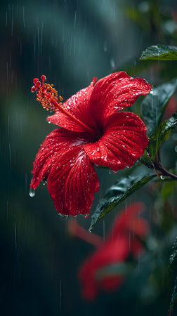 Bright red hibiscus flower covered in raindrops in a lush green garden during a summer rainの素材
