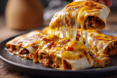Delicious cheese enchiladas served on a plate with melted cheese and savory fillingの素材