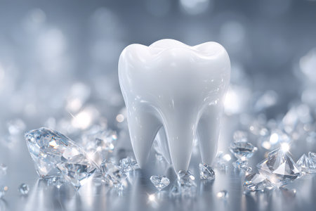 Perfect white tooth surrounded by sparkling crystals on a reflective surfaceの素材