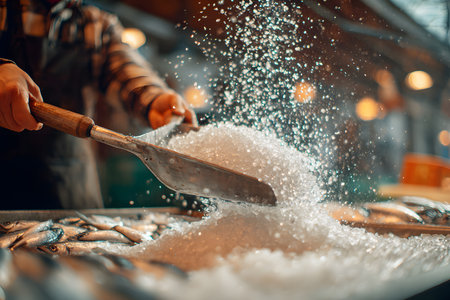 A vendor skillfully chips away at a large block of ice in a bustling market. The vibrant scene captures sparkling ice fragments flying as customers watch, eager for their drinks.の素材