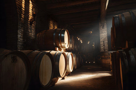 Several rustic wooden barrels are arranged in a dim cellar. Warm sunlight streams in, casting soft shadows and highlighting the details of the barrels.の素材