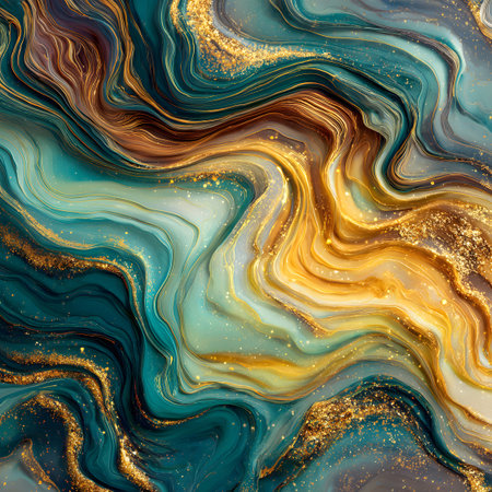 Swirls of blue, green, and purple blend seamlessly with gold lines, creating a vibrant and dynamic abstract piece that catches the eye and evokes emotion.の素材