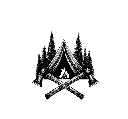 A camp setting shows a tent positioned among tall pine trees. Two crossed axes rest in front, hinting at outdoor activities. The scene suggests adventure in nature.の素材