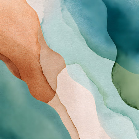This artwork features an arrangement of blending colors and flowing shapes, creating a calming and harmonious atmosphere. The combination of soft earth tones and cool shades invites reflection.の素材