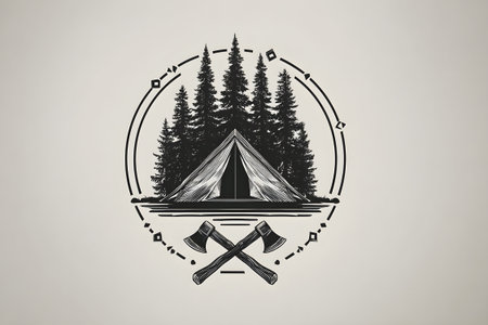 A camp setting shows a tent positioned among tall pine trees. Two crossed axes rest in front, hinting at outdoor activities. The scene suggests adventure in nature.の素材