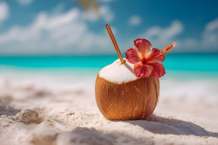 A fresh coconut filled with a refreshing drink sits on soft sand. A flower decorates the coconut, while the crystal-clear ocean glistens in the background under a bright sky.の素材