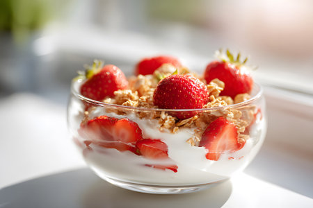 Fresh strawberries sit on creamy yogurt, topped with crunchy granola in a clear glass bowl, illuminated by sunlight coming through the window.の素材