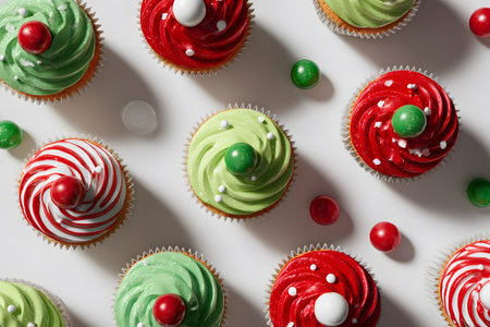 Colorful holiday cupcakes are displayed on a table, featuring red and green frosting with candy decorations. These treats are perfect for celebrating the festive season.の素材